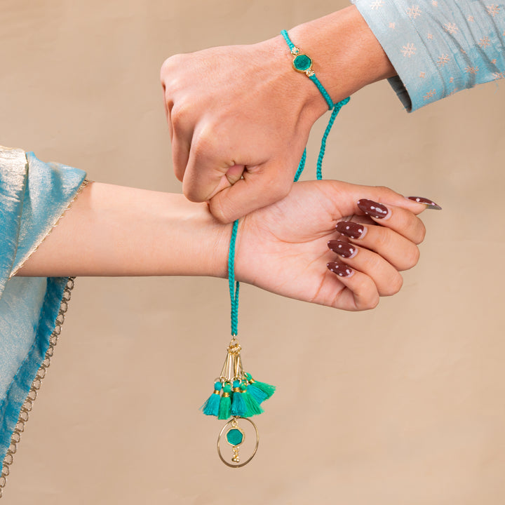 Enamel Green and Enamel Turqouise Rakhi Bandhan Lumba Rakhi For Bhaiya and Bhabhi