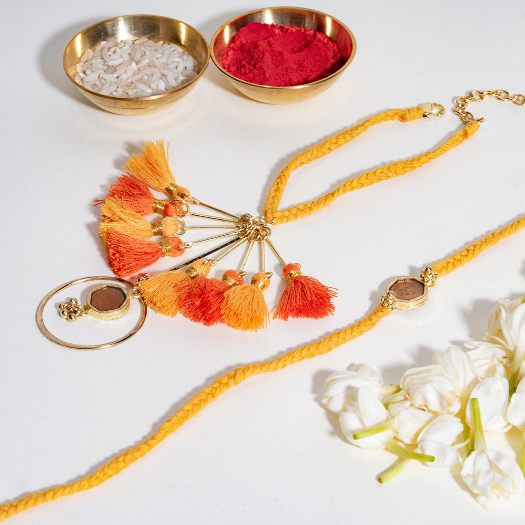Enamel Orange Rakhi Bandhan Lumba Rakhi For Bhaiya and Bhabhi