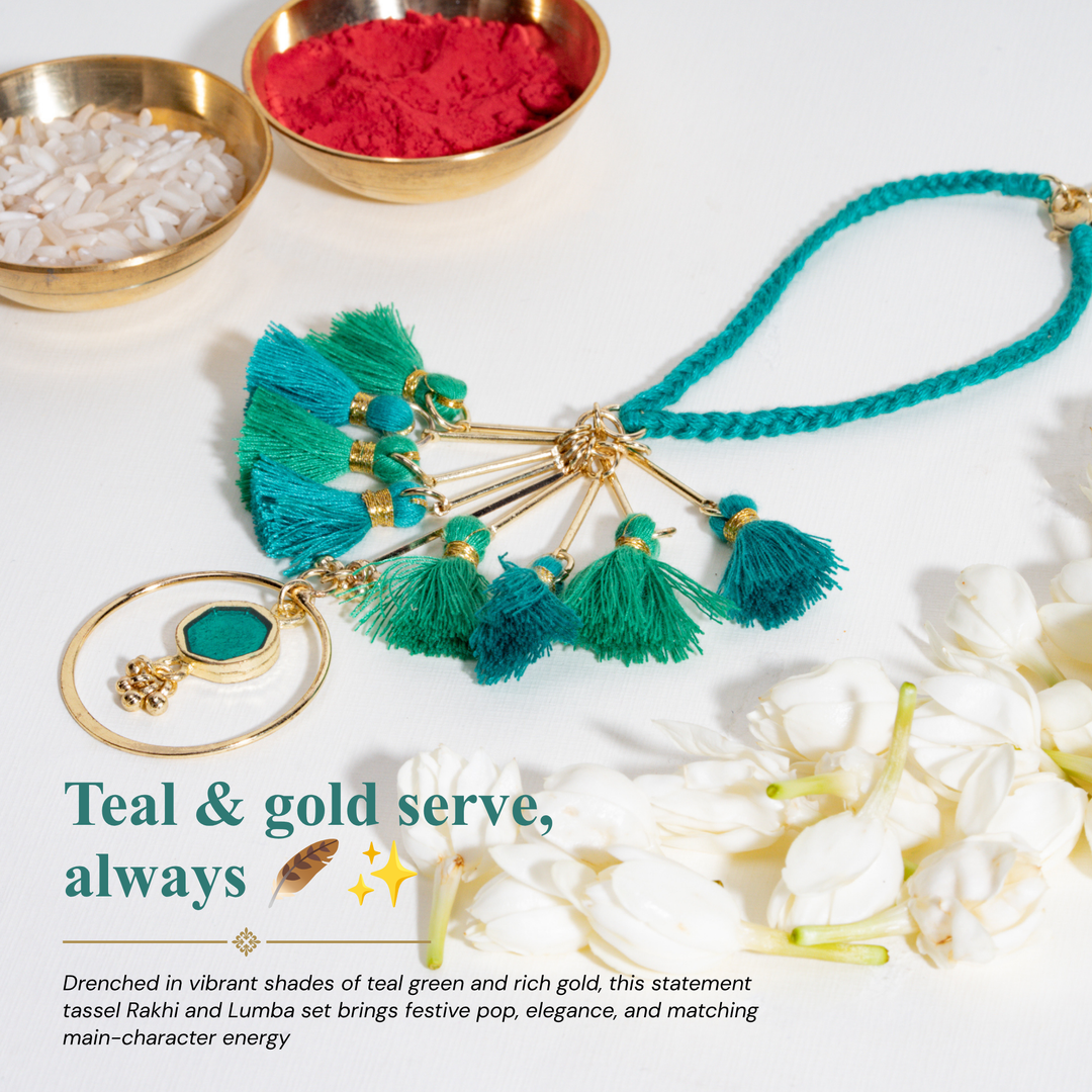 Green Tassel And Enamel Lumba Bandhan Rakhi For Her (Set of 2)