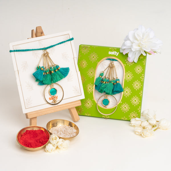 Green Tassel And Enamel Lumba Bandhan Rakhi For Bhabhi