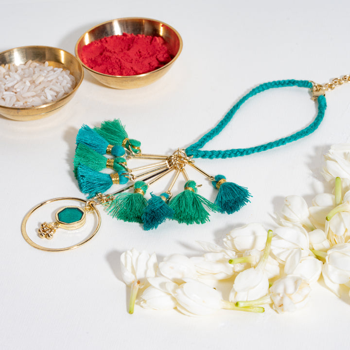 Green Tassel And Enamel Lumba Bandhan Rakhi For Bhabhi
