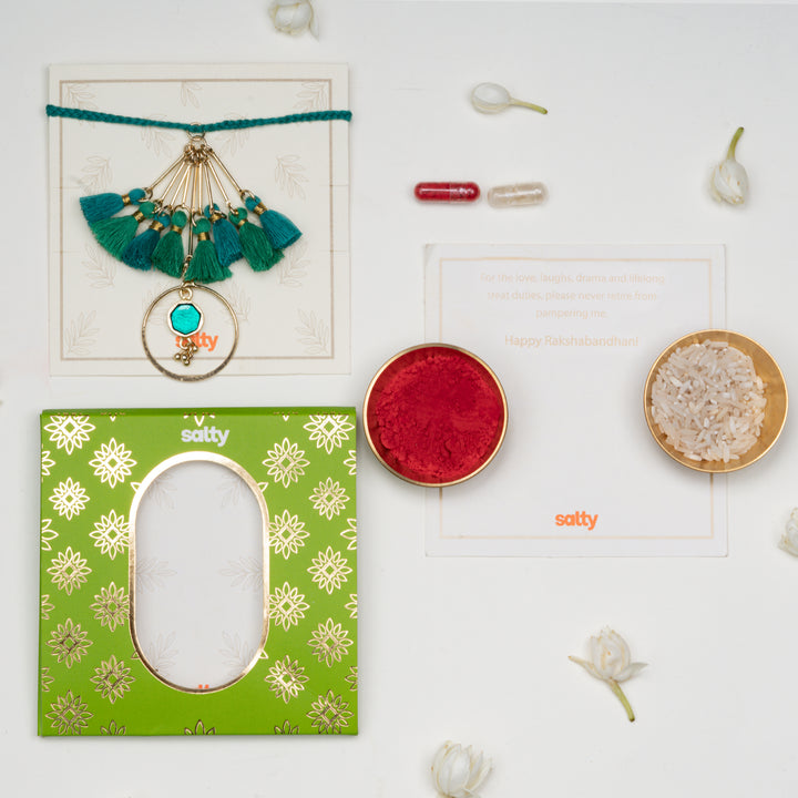 Green Tassel And Enamel Lumba Bandhan Rakhi For Bhabhi