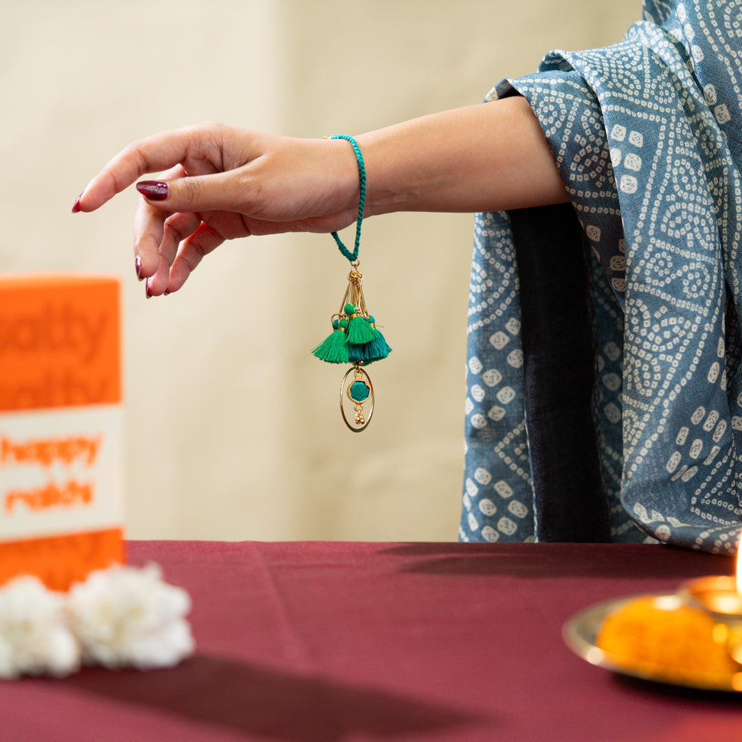 Green Tassel And Enamel Lumba Bandhan Rakhi For Her