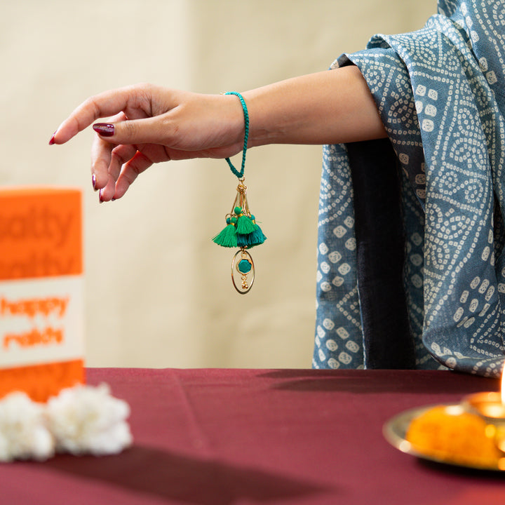 Green Tassel And Enamel Lumba Bandhan Rakhi For Her