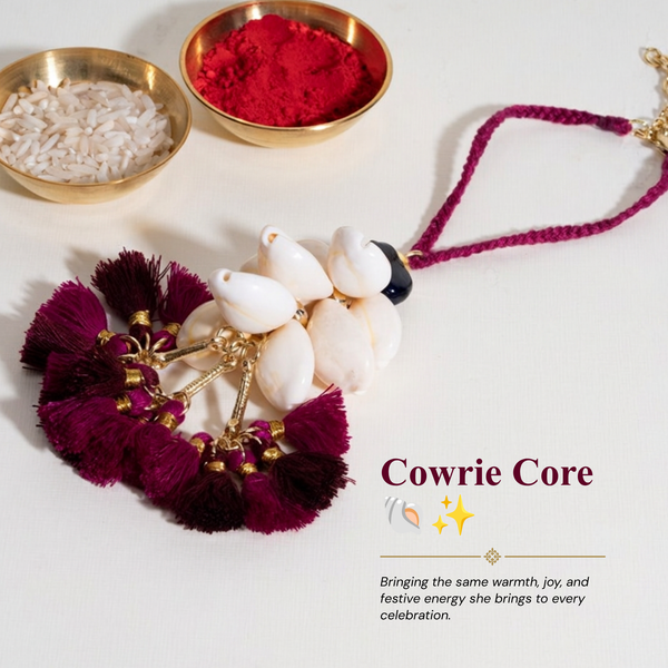 Magenta Tassel And Shell Lumba Bandhan Rakhi For Bhabhi