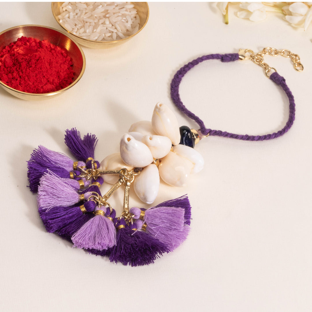 Lavender Tassel And Shell Lumba Bandhan Rakhi For Bhabhi