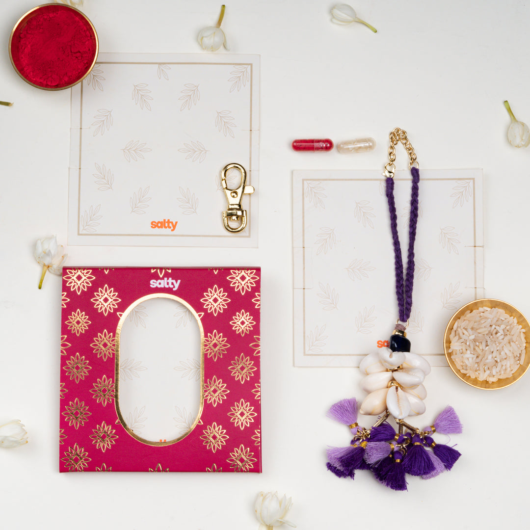 Lavender Tassel And Shell Lumba Bandhan Rakhi For Bhabhi