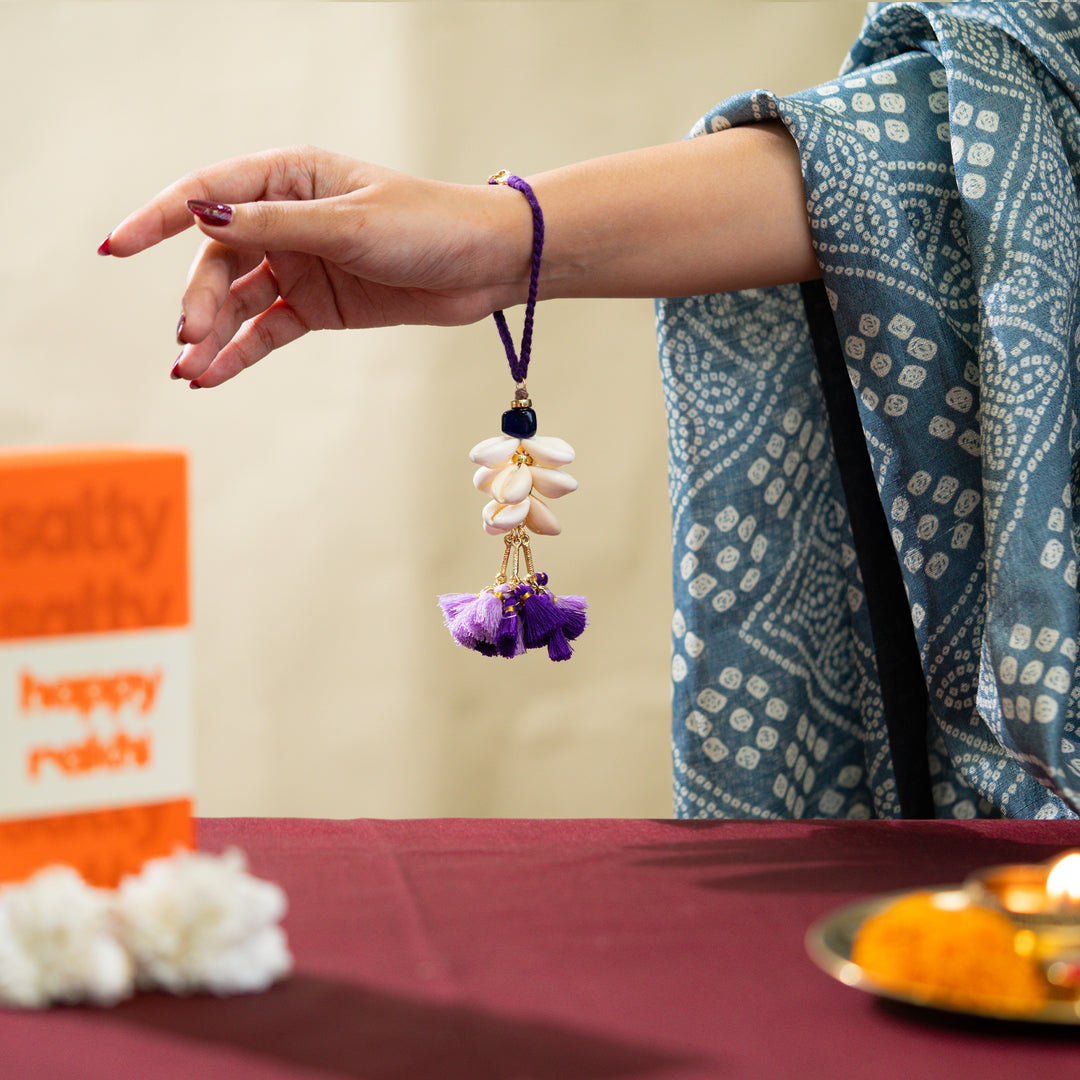 Lavender Tassel And Shell Lumba Bandhan Rakhi For Her