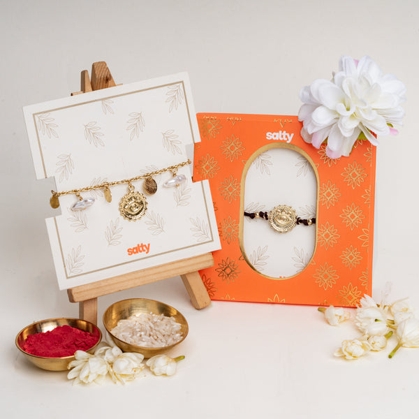 Pearl Evil Eye Gold and Chocolate Rakhi for Bhaiya and Bhabhi