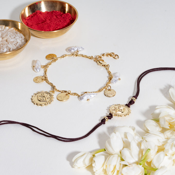 Pearl Evil Eye Gold and Chocolate Rakhi for Bhaiya and Bhabhi