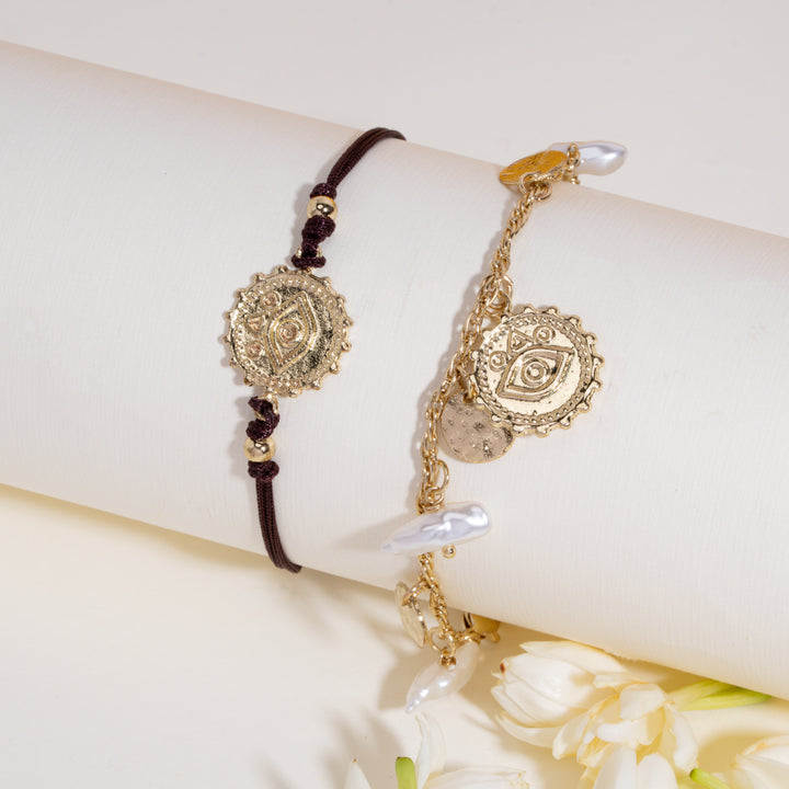 Pearl Evil Eye Gold and Chocolate Rakhi for Bhaiya and Bhabhi