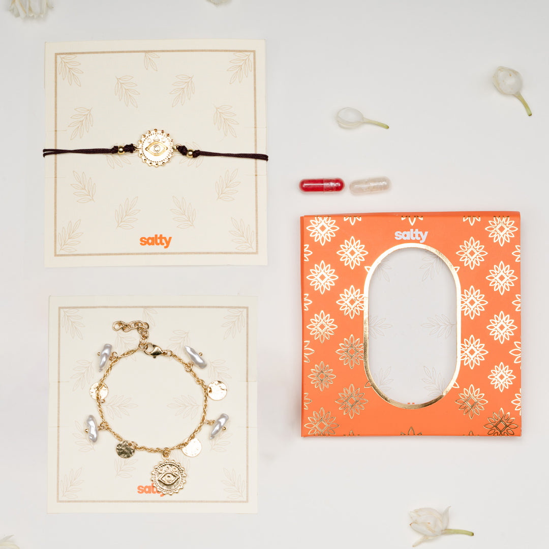 Pearl Evil Eye Gold and Chocolate Rakhi for Bhaiya and Bhabhi