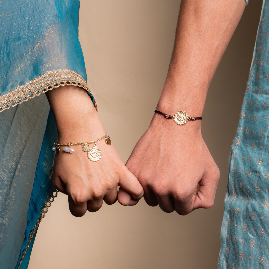 Pearl Evil Eye Gold and Chocolate Rakhi for Bhaiya and Bhabhi