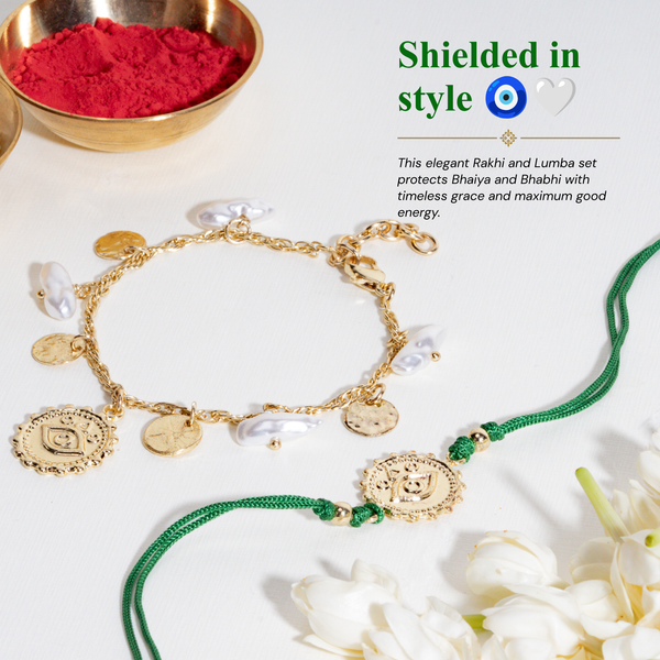 Pearl Evil Eye Gold and Green Rakhi for Bhaiya and Bhabhi