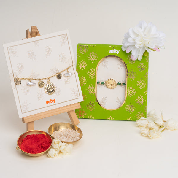 Pearl Evil Eye Gold and Green Rakhi for Bhaiya and Bhabhi