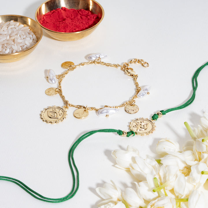 Pearl Evil Eye Gold and Green Rakhi for Bhaiya and Bhabhi