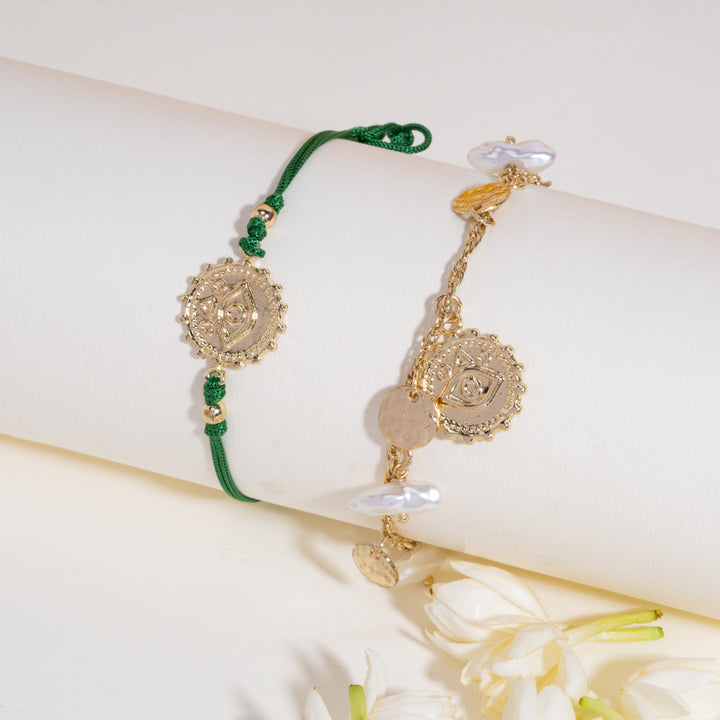 Pearl Evil Eye Gold and Green Rakhi for Bhaiya and Bhabhi