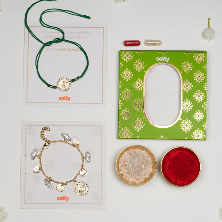 Pearl Evil Eye Gold and Green Rakhi for Bhaiya and Bhabhi