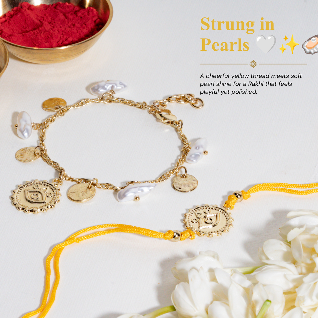 Pearl Evil Eye Gold and Yellow Rakhi Bandhan Lumba Rakhi For Bhaiya and Bhabhi