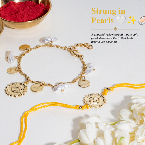 Pearl Evil Eye Gold and Yellow Rakhi Bandhan Lumba Rakhi For Bhaiya and Bhabhi