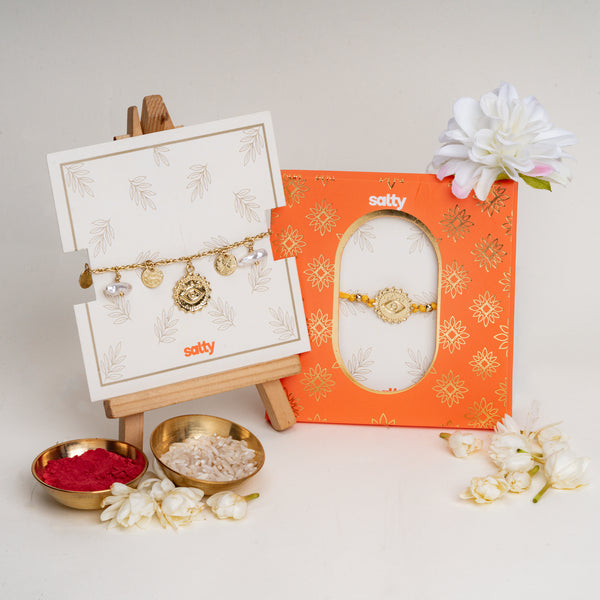 Pearl Evil Eye Gold and Yellow Rakhi Bandhan Lumba Rakhi For Bhaiya and Bhabhi