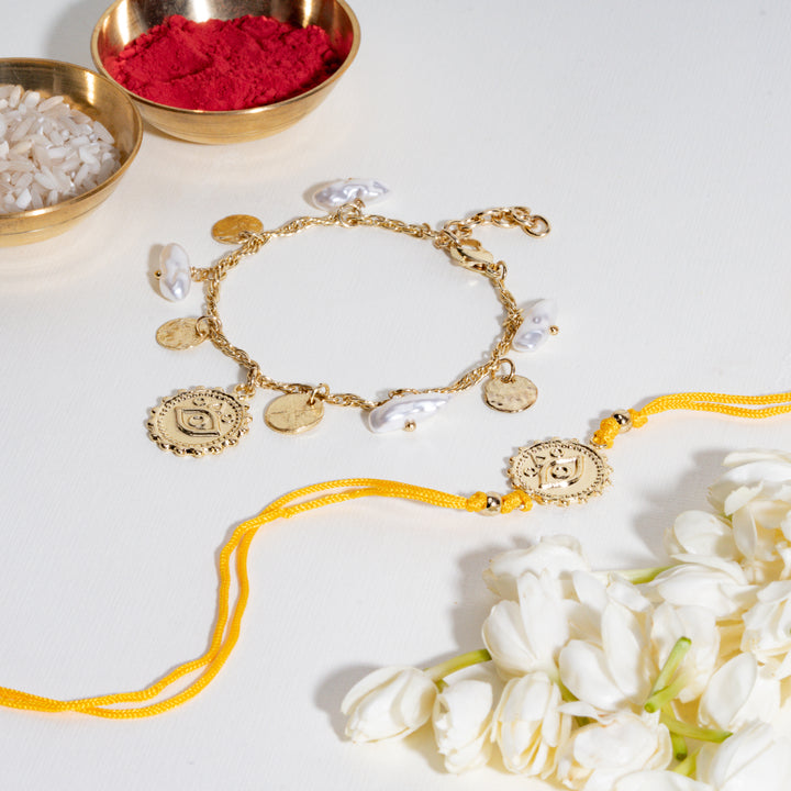 Pearl Evil Eye Gold and Yellow Rakhi Bandhan Lumba Rakhi For Bhaiya and Bhabhi