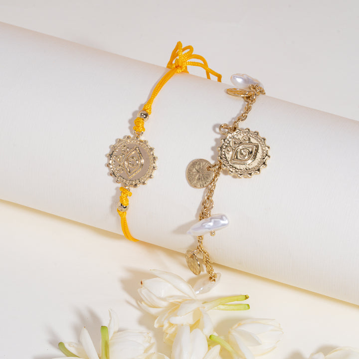 Pearl Evil Eye Gold and Yellow Rakhi Bandhan Lumba Rakhi For Bhaiya and Bhabhi