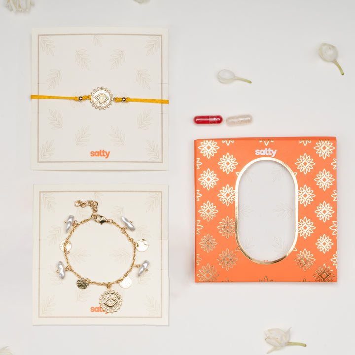 Pearl Evil Eye Gold and Yellow Rakhi Bandhan Lumba Rakhi For Bhaiya and Bhabhi