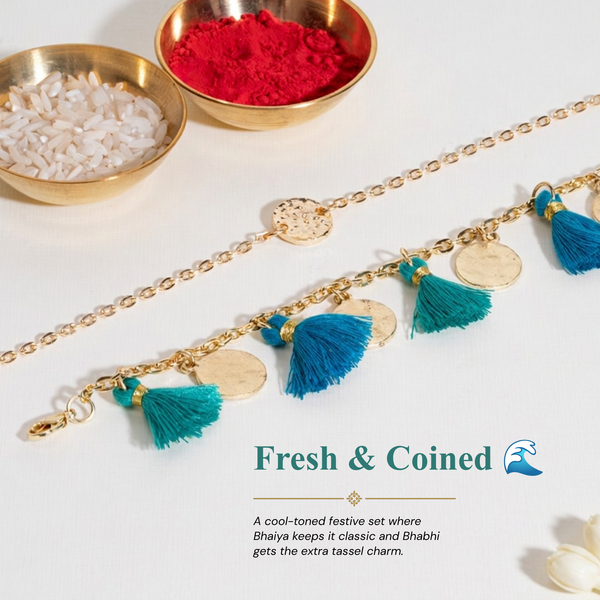 Coin and Tassel Gold and Teal Rakhi Bandhan Lumba Rakhi For Bhaiya and Bhabhi