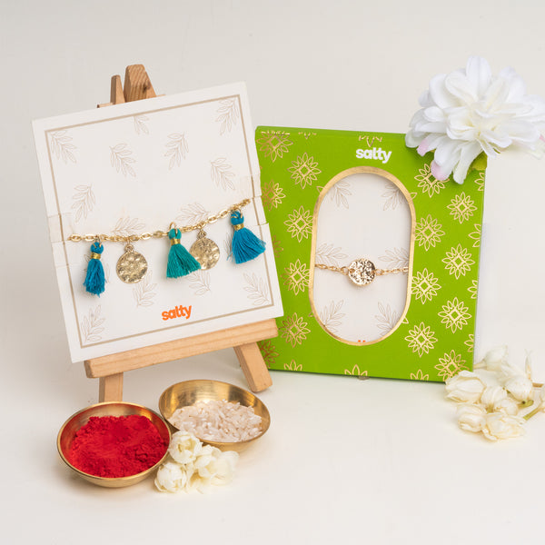Coin and Tassel Gold and Teal Rakhi Bandhan Lumba Rakhi For Bhaiya and Bhabhi