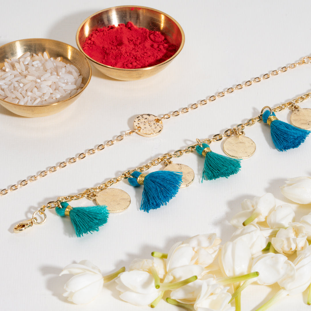 Coin and Tassel Gold and Teal Rakhi Bandhan Lumba Rakhi For Bhaiya and Bhabhi