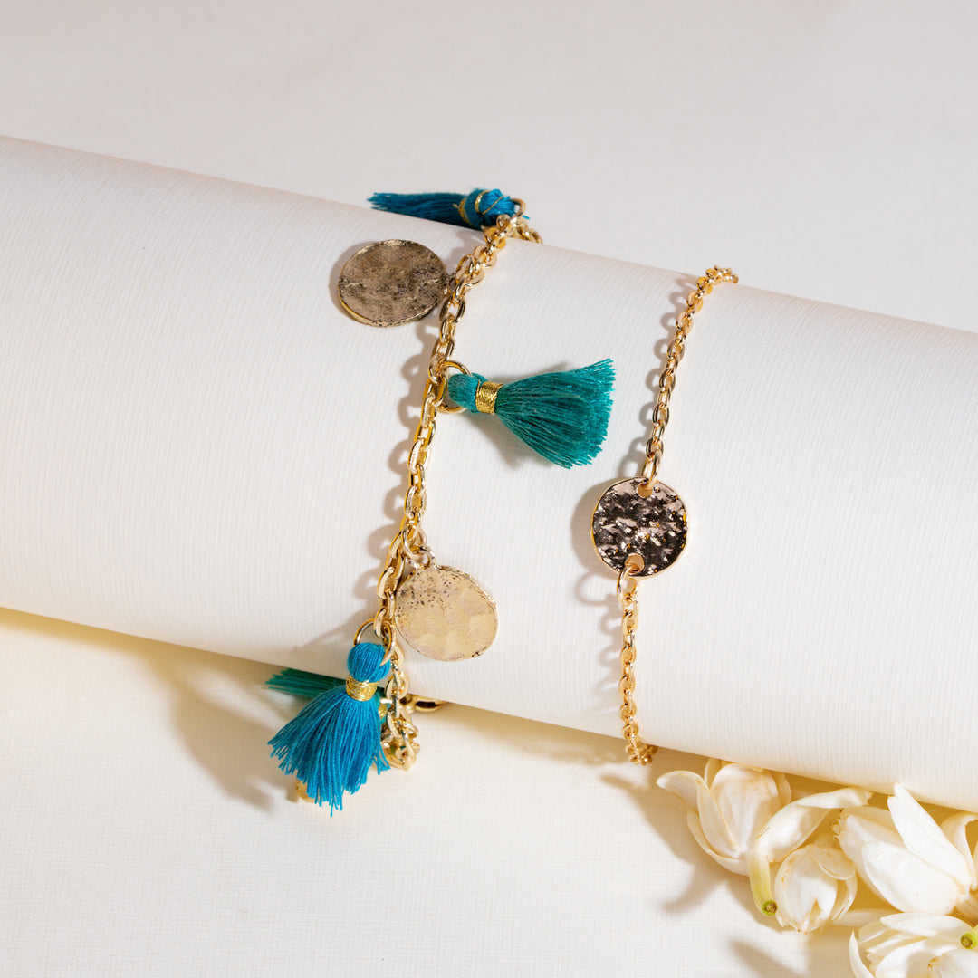 Coin and Tassel Gold and Teal Rakhi Bandhan Lumba Rakhi For Bhaiya and Bhabhi