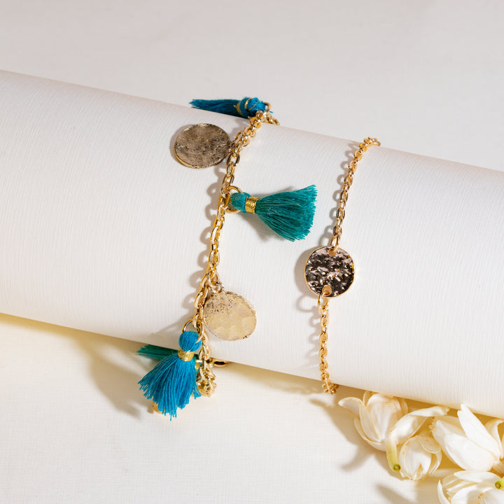 Coin and Tassel Gold and Teal Rakhi Bandhan Lumba Rakhi For Bhaiya and Bhabhi