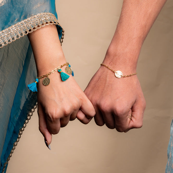 Coin and Tassel Gold and Teal Rakhi Bandhan Rakhi For Bhaiya and Bhabhi