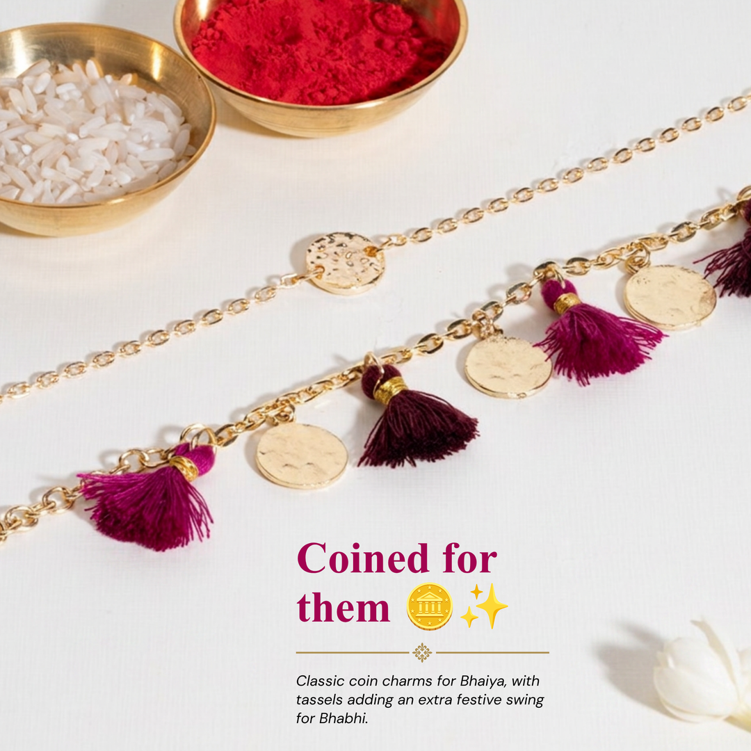 Coin and Tassel Gold and Magenta Rakhi Bandhan Lumba Rakhi For Bhaiya and Bhabhi