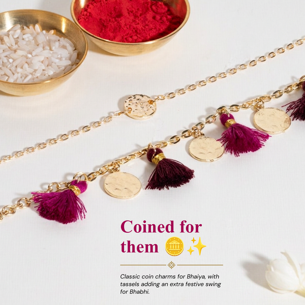 Coin and Tassel Gold and Magenta Rakhi Bandhan Lumba Rakhi For Bhaiya and Bhabhi