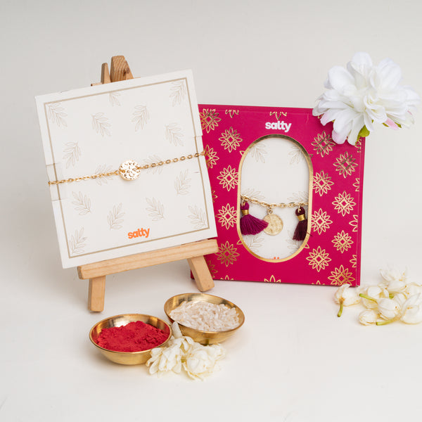 Coin and Tassel Gold and Magenta Rakhi Bandhan Lumba Rakhi For Bhaiya and Bhabhi