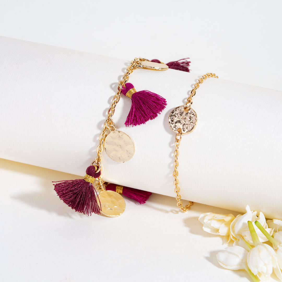 Coin and Tassel Gold and Magenta Rakhi Bandhan Lumba Rakhi For Bhaiya and Bhabhi