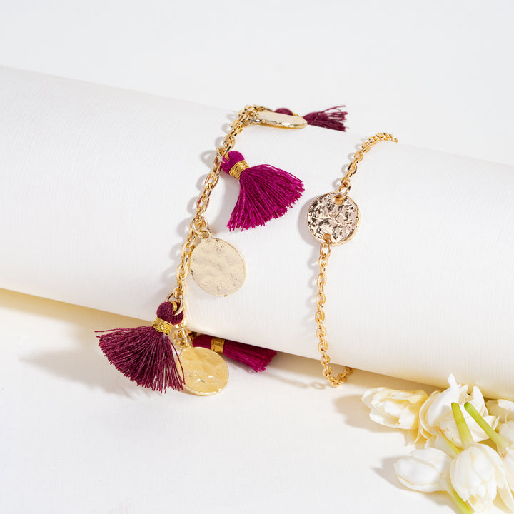 Coin and Tassel Gold and Magenta Rakhi Bandhan Lumba Rakhi For Bhaiya and Bhabhi