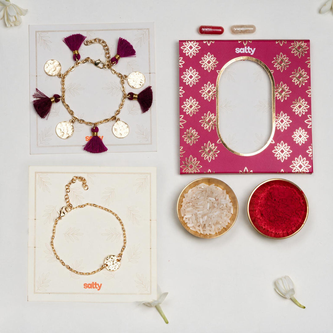 Coin and Tassel Gold and Magenta Rakhi Bandhan Lumba Rakhi For Bhaiya and Bhabhi