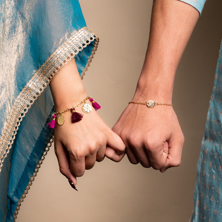 Coin and Tassel Gold and Magenta Rakhi Bandhan Rakhi For Bhaiya and Bhabhi