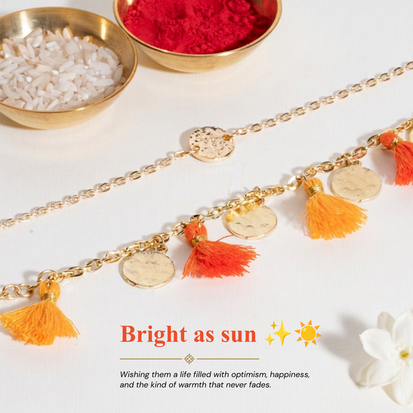Coin and Tassel Gold and Orange Rakhi Bandhan Lumba Rakhi For Bhaiya and Bhabhi
