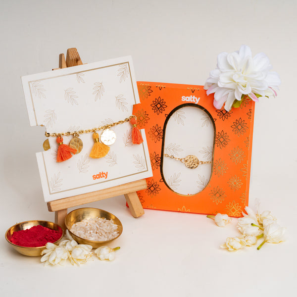 Coin and Tassel Gold and Orange Rakhi Bandhan Lumba Rakhi For Bhaiya and Bhabhi