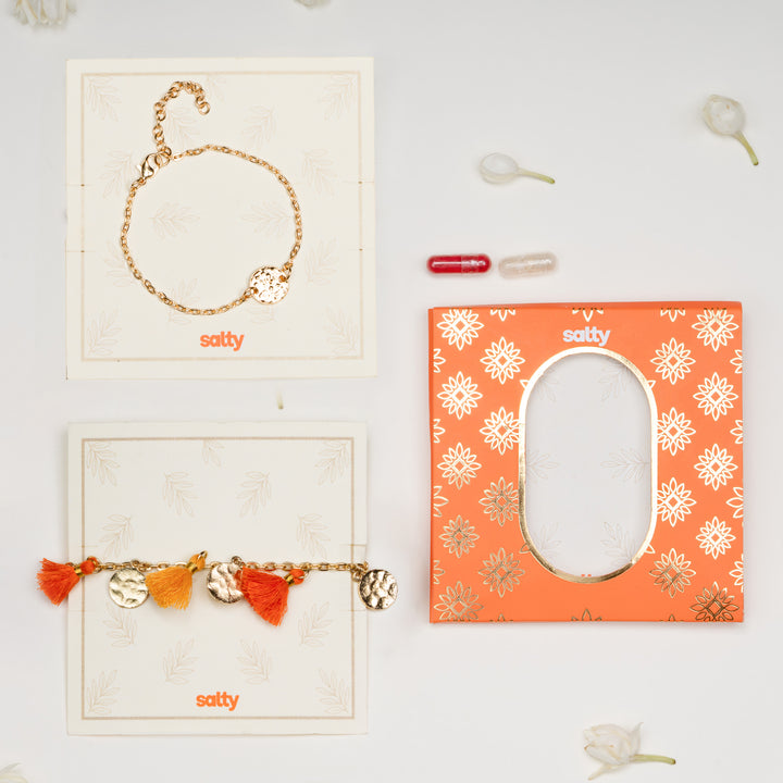 Coin and Tassel Gold and Orange Rakhi Bandhan Lumba Rakhi For Bhaiya and Bhabhi