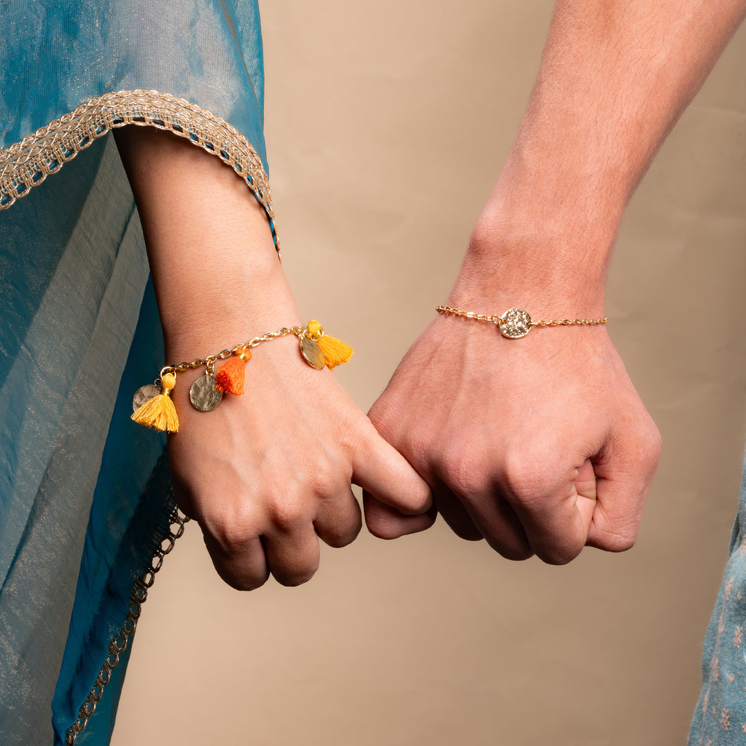 Coin and Tassel Gold and Orange Rakhi Bandhan Rakhi For Bhaiya and Bhabhi