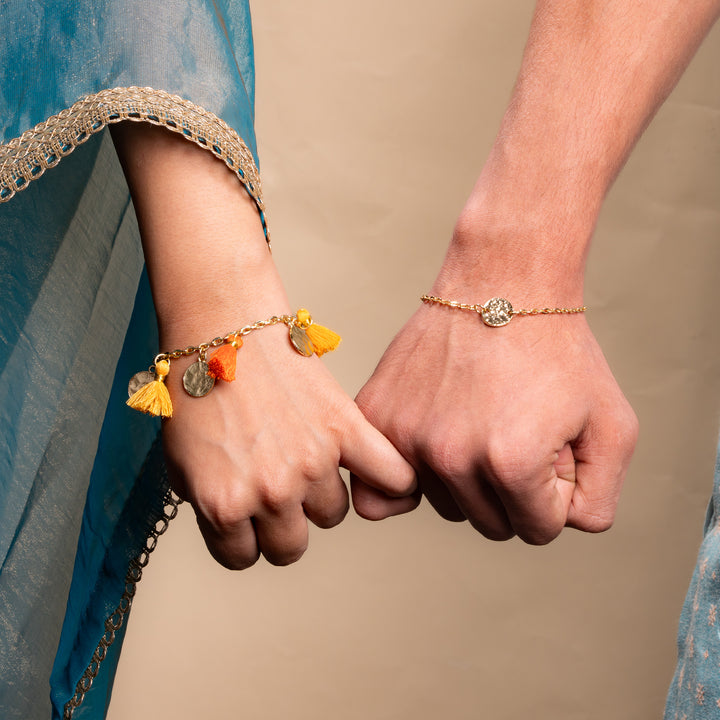 Coin and Tassel Gold and Orange Rakhi Bandhan Rakhi For Bhaiya and Bhabhi