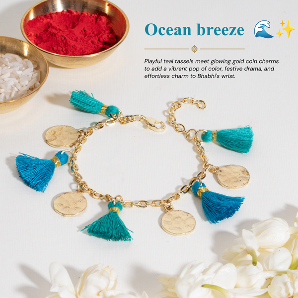 Aqua Tassel Coin Hanging Bandhan Rakhi For Bhabhi