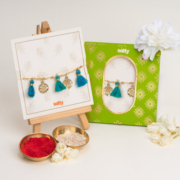 Aqua Tassel Coin Hanging Bandhan Rakhi For Bhabhi