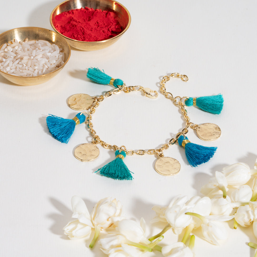 Aqua Tassel Coin Hanging Bandhan Rakhi For Bhabhi
