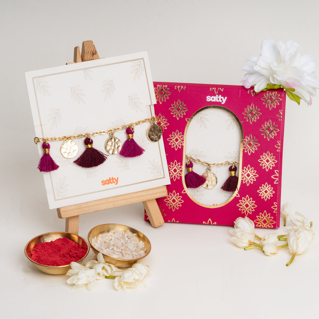 Purple Tassel Coin Hanging Bandhan Rakhi For Bhabhi